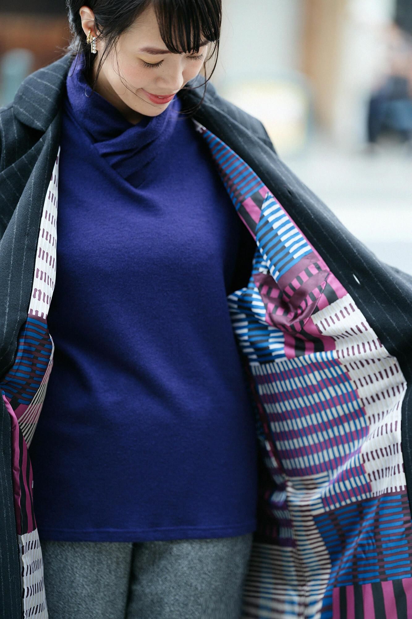 Bishu Double Breasted Naginata Square Neck Coat Tweed cover Long with Lining Black Striped×Skyscraper