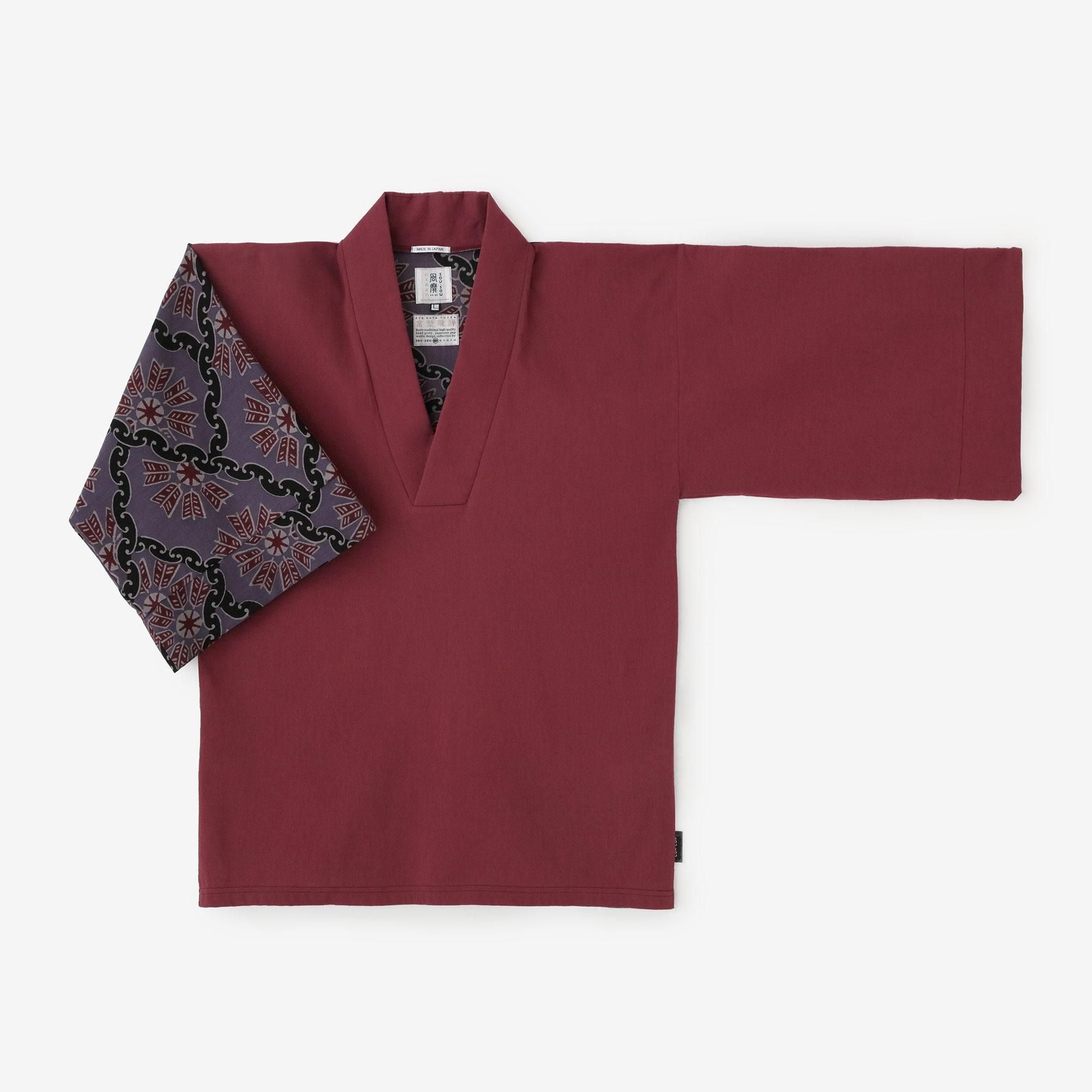 高島縮 40/40 風靡（ふうび） 上 片身替わり（かたみがわり）／柘榴色（ざくろいろ）×環繋ぎ矢車文（かんつなぎやぐるまもん） 写し（うつし）