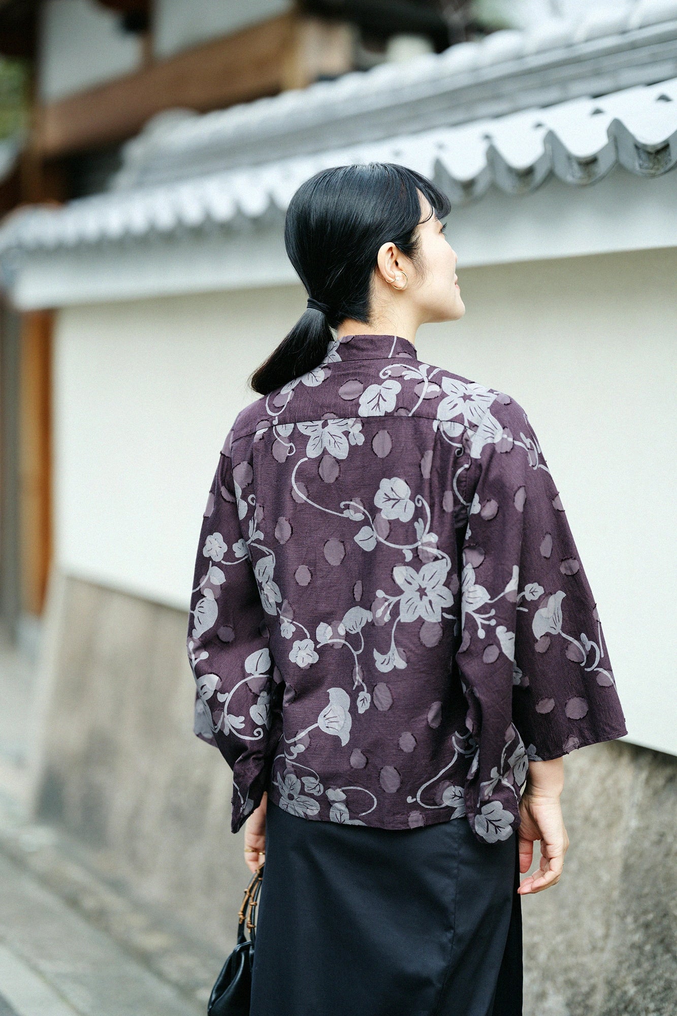 Cut Jacquard Kimono Sleeve Blouse／Graceful Brown